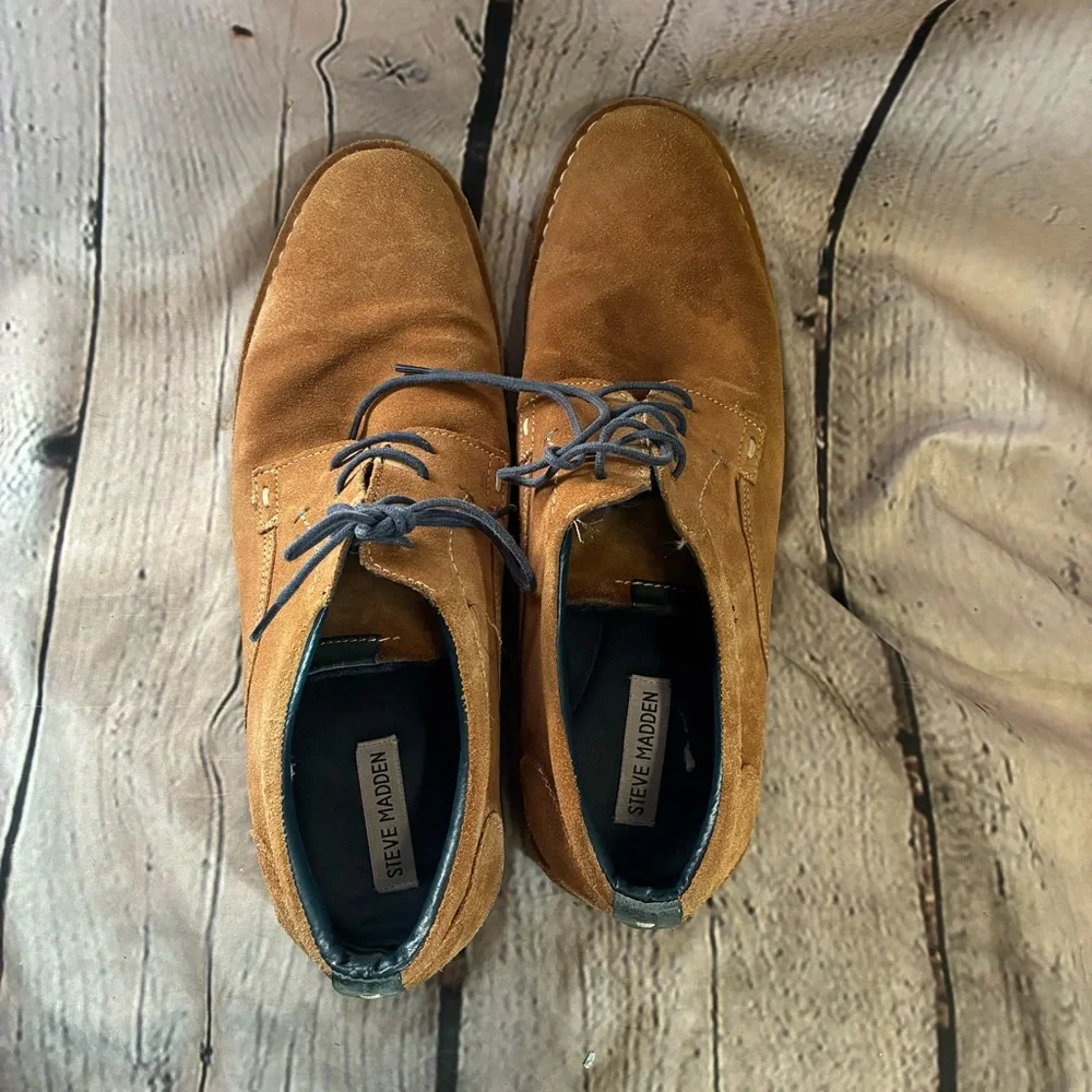Steve Madden Hatrick Mens Sz 13 Tan Suede Preppy Oxford Shoes Navy Lace Up Shoes